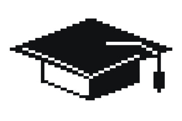 Fototapeta premium Black and White Pixel Art Graduation Cap Silhouette Icon Representing Academic Achievement