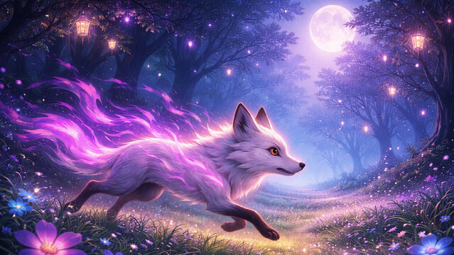 "Ethereal White Fox Running in Mystical Purple Enchanted Forest under Full Moon, Magical Fantasy Creature Digital Illustration for Wall Art and Background Design"