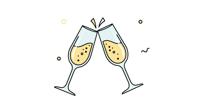Two champagne glasses clashing in a toast with bubbly liquid and decorative elements for a celebratory event or holiday atmosphere.