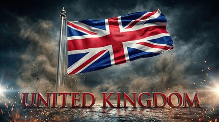 Obraz premium Patriotic Union Jack: The iconic Union Jack flag of the United Kingdom waves proudly on a flagpole against a dramatic, stormy sky, symbolizing national pride and resilience.