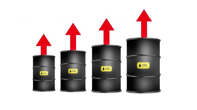 Row of Black Oil Barrels with Red Upward Arrows Representing Rising Fuel Prices and Energy Inflation