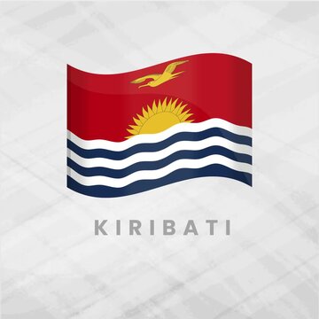 Kiribati National Flag Waving 3D Vector; Frigate Bird and Rising Sun over Blue White Ocean Waves