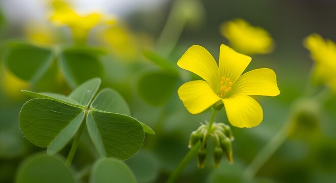 Close-up of a vibrant yellow wood sorrel flower with clover-like leaves