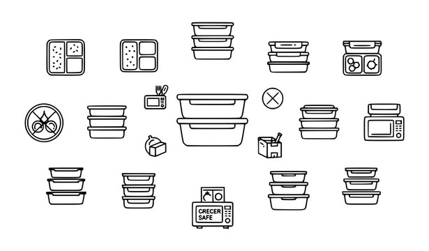 Food storage and meal prep outline icons with container designs and freezer safe symbols vector set