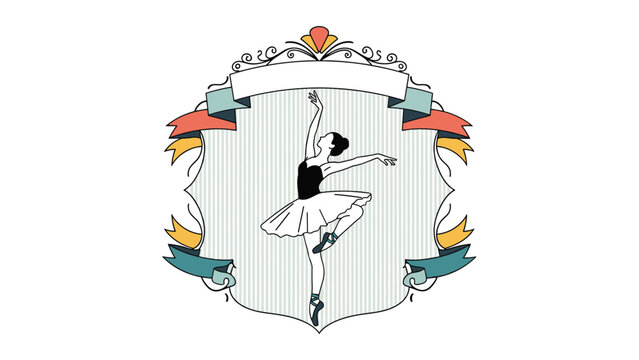Graceful ballerina dancing in tutu inside an ornate vintage frame with colorful ribbons for arts and performance.