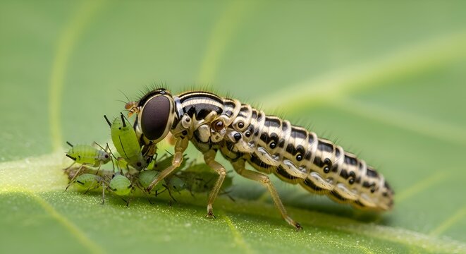 Predatory hoverfly larva eating aphids on a green leaf, macro photography