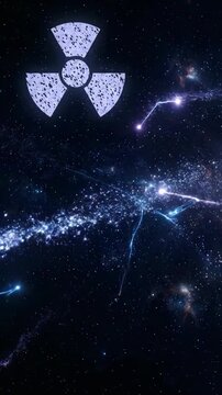 Radiation symbol illustrates energetic particle emission through deep cosmic space, dynamic energy flow creating vibrant glowing trails across a starry universe backdrop.