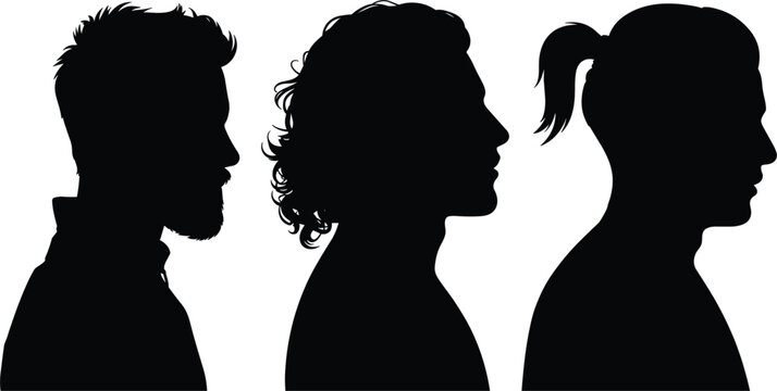 People profile silhouettes set, male and female side view vector illustration isolated black