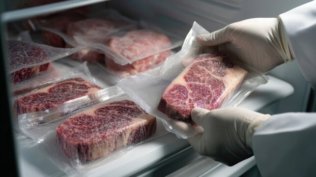 Person handling vacuum packed raw beef cuts