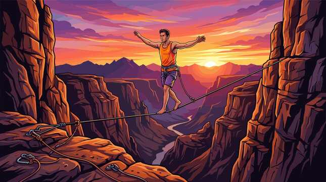 An illustration of a man slacklining over a vast canyon at sunset. A concept of risk, balance, challenge, and achieving goals. Ideal for business and motivational topics.