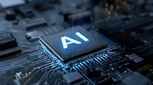 futuristic artificial intelligence chip with glowing energy on motherboard