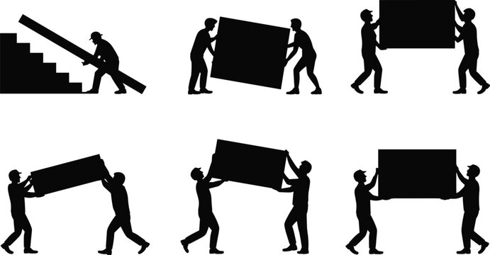 construction workers carrying heavy load silhouettes teamwork lifting moving objects labor industrial people black isolated vector illustration set