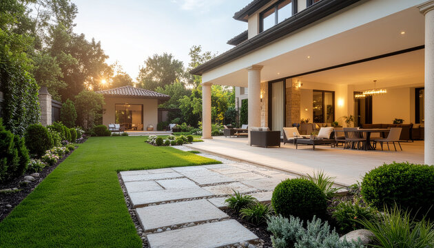 Luxury home exterior with lush garden