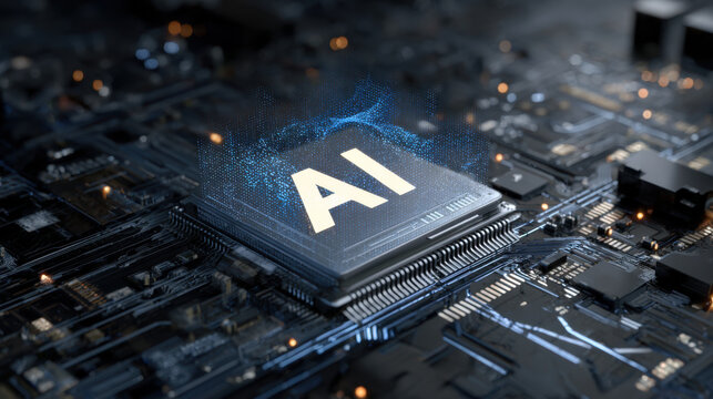 futuristic artificial intelligence chip with glowing energy on motherboard
