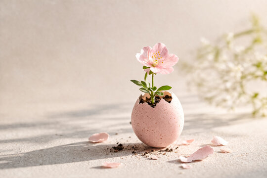 Minimalist Easter still life with cracked pastel egg and blooming flower in center, soft natural light and shallow depth of field, clean and balanced spring composition.