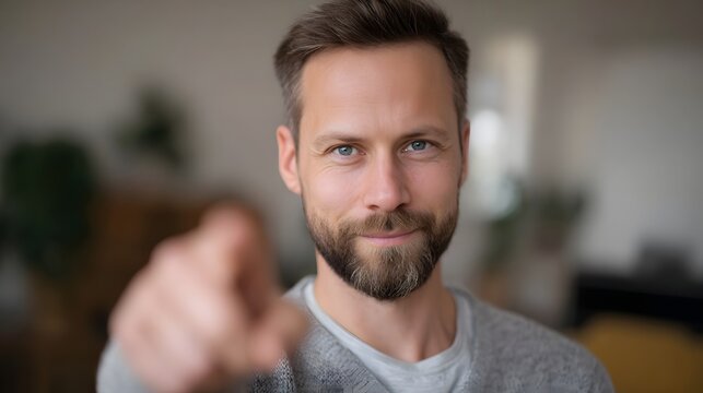 A man with a beard points directly at the viewer with a confident and engaging expression in a softly blurred indoor setting