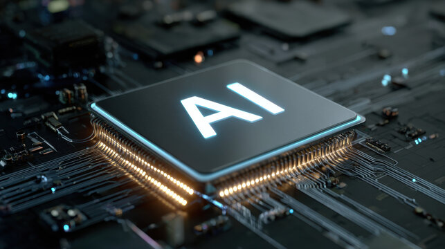 futuristic artificial intelligence chip with glowing energy on motherboard