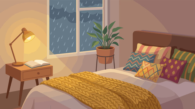 Cozy bedroom illustration with a lamp, book, and rain outside the window. A warm, relaxing, and peaceful scene perfect for hygge, comfort, and interior design concepts.