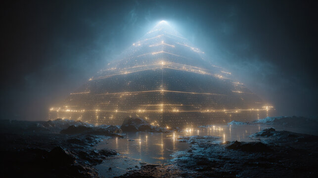 glowing pyramid structure with lights futuristic architecture concept