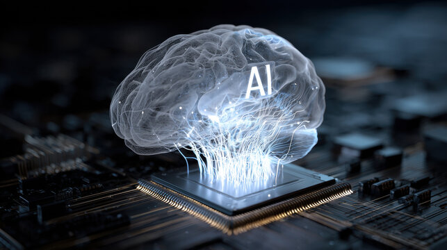 futuristic artificial intelligence brain glowing on processor with neural network