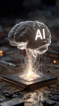 futuristic artificial intelligence brain glowing on processor with neural network