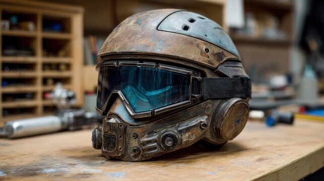 Close up of a futuristic helmet on a wooden table