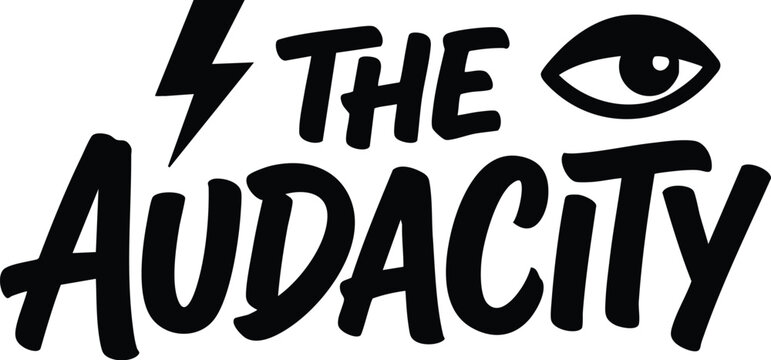 Audacity black handwritten lettering with eye and lightning bolt icons vector art