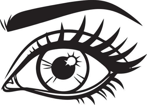 Beautiful female eye with long eyelashes and eyebrow vector outline drawing.