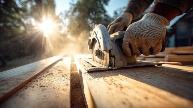 Man cutting wood with a circular saw outdoors sunny day