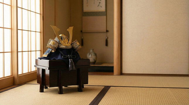 Traditional Japanese kabuto helmet on stand in tatami room for Childrens Day