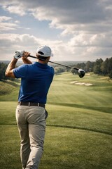 Obraz premium Golfer swings on lush course.