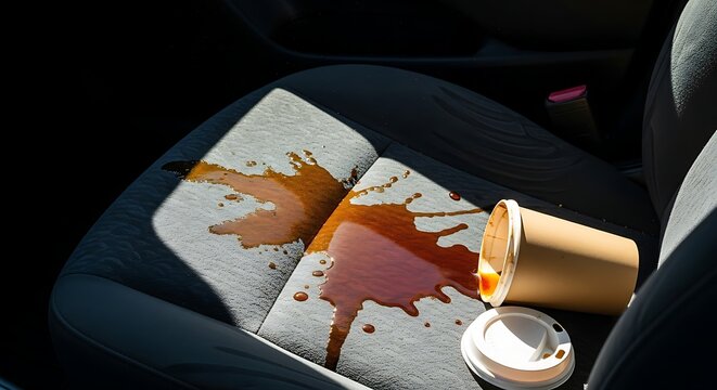 Coffee spill on car seat creates messy interior.