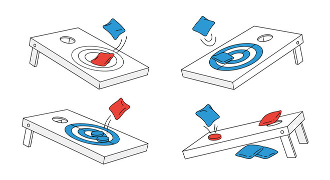 Four scenes show the progress of a cornhole game with red and blue bean bags being tossed onto wooden boards.