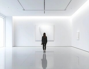 Fototapeta premium Woman admiring minimalist art in a pristine white gallery.