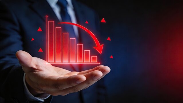 Businessman hand holding glowing red hologram bar chart with downward arrow symbolizing financial crisis economic recession stock market crash corporate loss negative growth