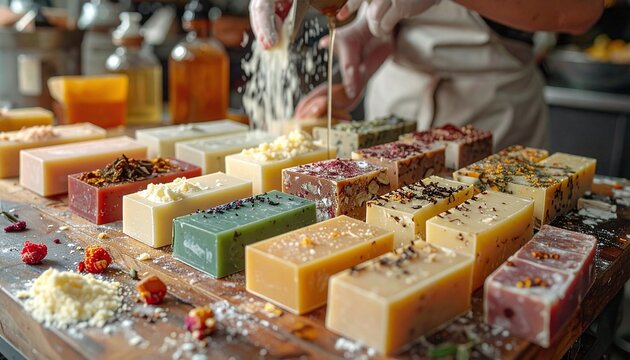 Artisan soap making process featuring colorful, natural bars on a wooden table. Perfect for skincare, beauty, and wellness brands looking for a rustic, highquality, and organic aesthetic.