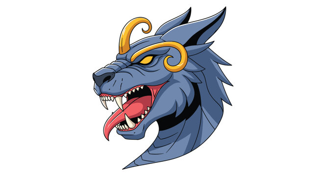 Fierce dragon head mascot with blue scales sharp teeth golden horns and a red tongue shown in a profile view on a white background.