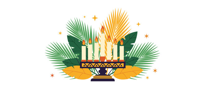 Festive kwanzaa kinara with seven lighted candles surrounded by green and gold tropical palm leaves and stars on a white background.