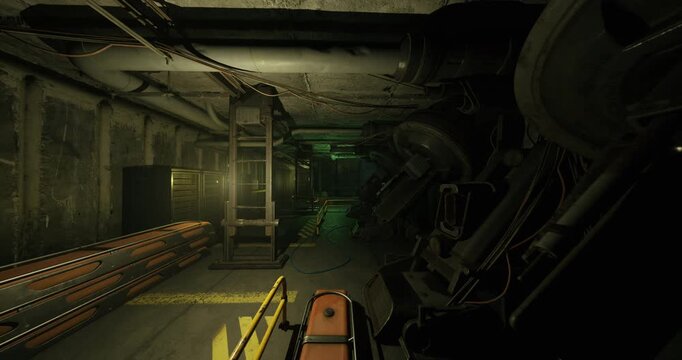 distant control room access corridor with console glow and bundled wiring, futuristic salvage scenario, crates and panels line path, imagined technician