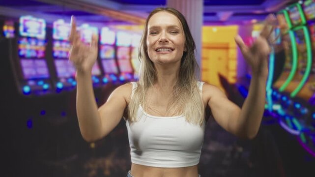 Woman in white crop top raises arms and smiles before rows of slot machines in casino after a visible win; elation triumph winning.