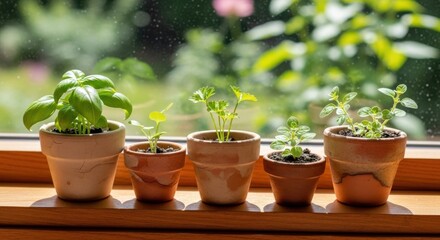 Fototapeta premium Row of Small Potted Herb Seedlings Growing in Terracotta Pots on a Sunny Windowsill