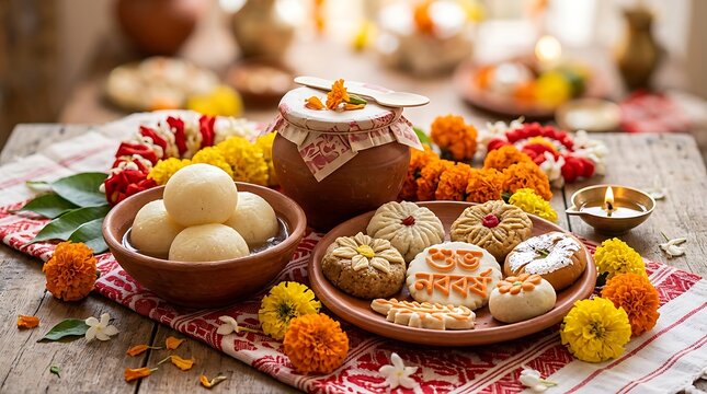 A vibrant flat lay of Poila Baisakh celebration with traditional Bengali sweets and flowers on a decorated table.
