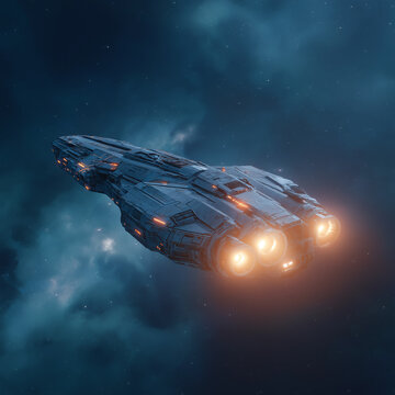 A large futuristic spacecraft with illuminated engines travels through a nebula in outer space