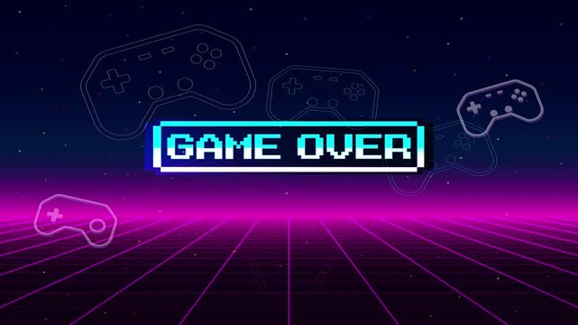 GAME OVER. Pixel art 8-bit. Modern trendy game background with lighting effect. for game assets.