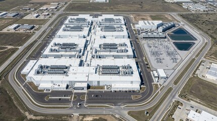 Fototapeta premium Aerial view of modern industrial data center complex with multiple server buildings and cooling infrastructure