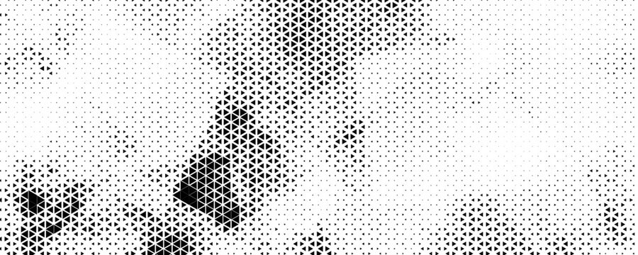 Triangular halftone background. Vector geometric technology abstract background. Halftone triangles retro pattern. Minimal 80s style dynamic tech geometric pattern.
