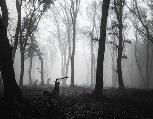 Dense forest silhouettes in deep fog with moody atmosphere, mysterious woodland landscape, monochromatic nature scenery, autumn stillness and calm