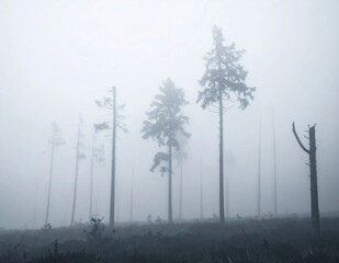 Silhouetted pine trees in a dense foggy forest during twilight, moody atmosphere for mystery and nature themes, serene stillness and quiet solitude