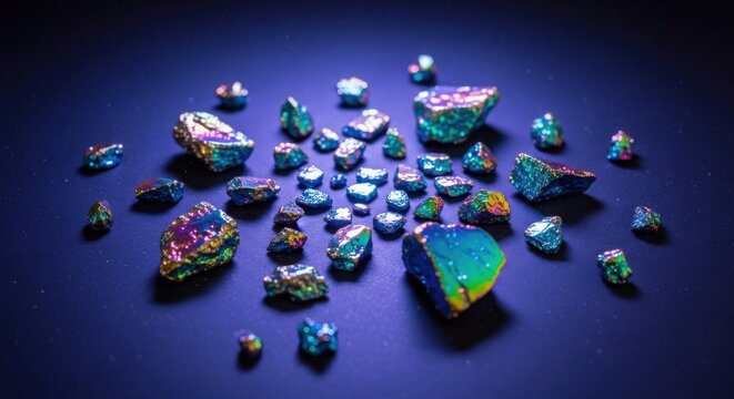 Scattered iridescent crystals in vibrant rainbow hues, showcasing a dazzling mineral collection