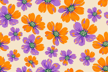 Obraz premium Seamless floral pattern featuring bold orange and purple blossoms on a soft beige background, creating a modern, vibrant, and artistic repeating design.